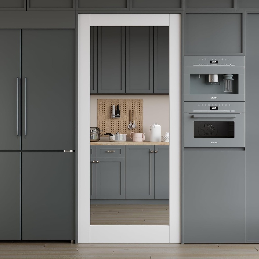 32 x 80 Mirror Door Slab, Paintable Interior Glass Doors, for Living Room, Pantry, Laundry Room as Prehung, Pocket, Barn, French Doors, White Door with Mirror, The Other Side Solid Core White Panel