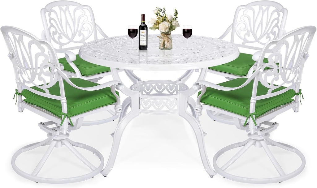 VIVIJASON 5-Piece Outdoor Patio Dining Set, All-Weather Cast Aluminum Conversation Set, Patio Furniture Set, Include 4 Swivel Cushioned Chairs, a 38.5" Round Table w/Umbrella Hole, White