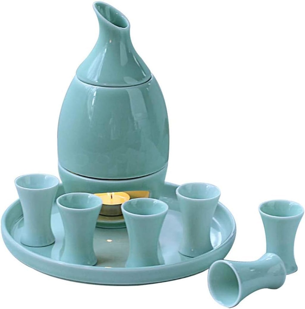 Sake Set Japanese Sake Cup Set with Warm stoves and trays for Home Porcelain Pottery Ceramic Cups Crafts Wine Glasses 10 Piece,Blue