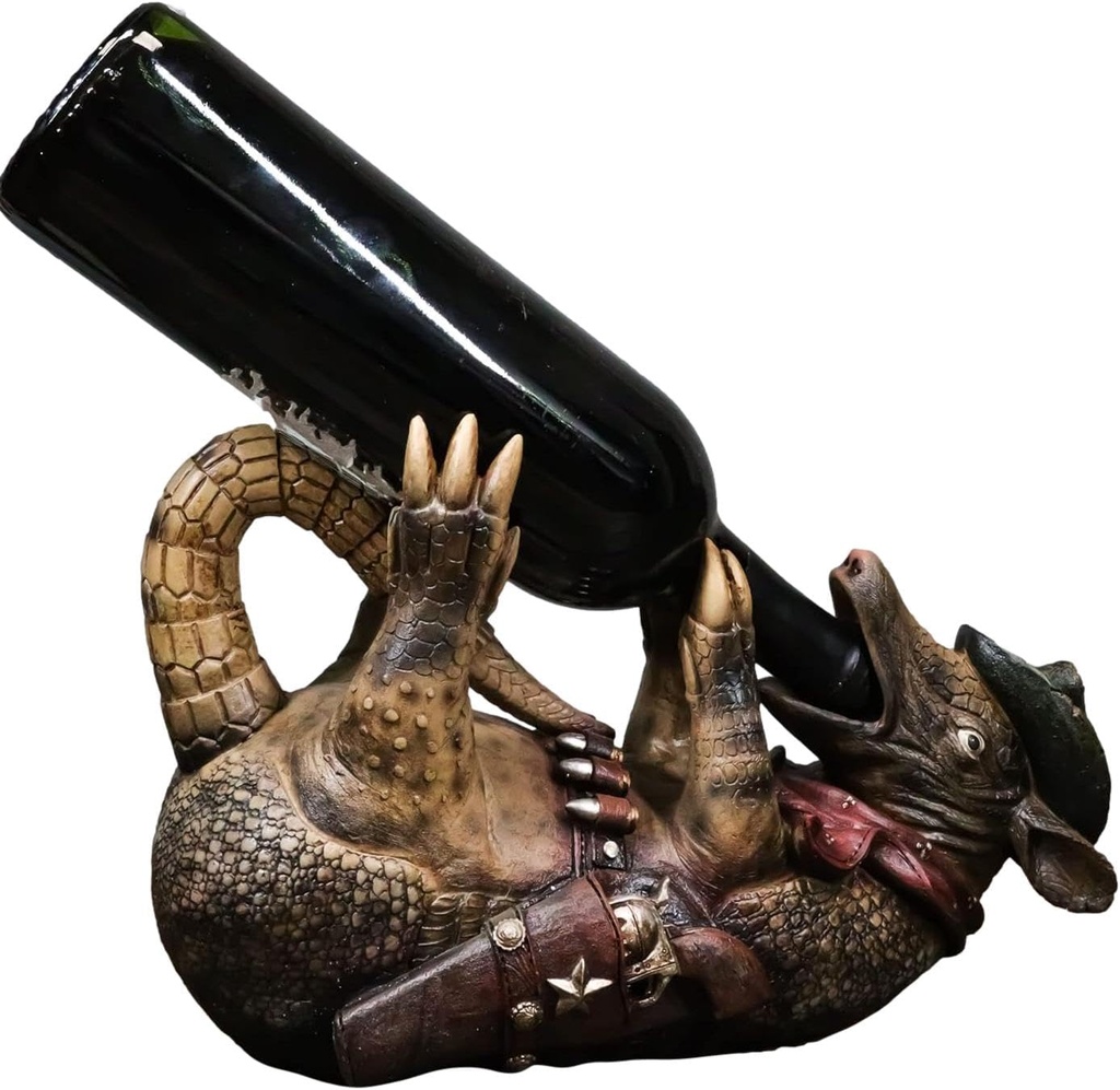 Ebros Gift Coiled Tipsy Drunk and Wild Armored Cowboy Sheriff Armadillo Booze Guzzler 12" Long Wine Bottle Holder Storage Caddy Figurine for Party Hosting Kitchen and Home Decor Statue