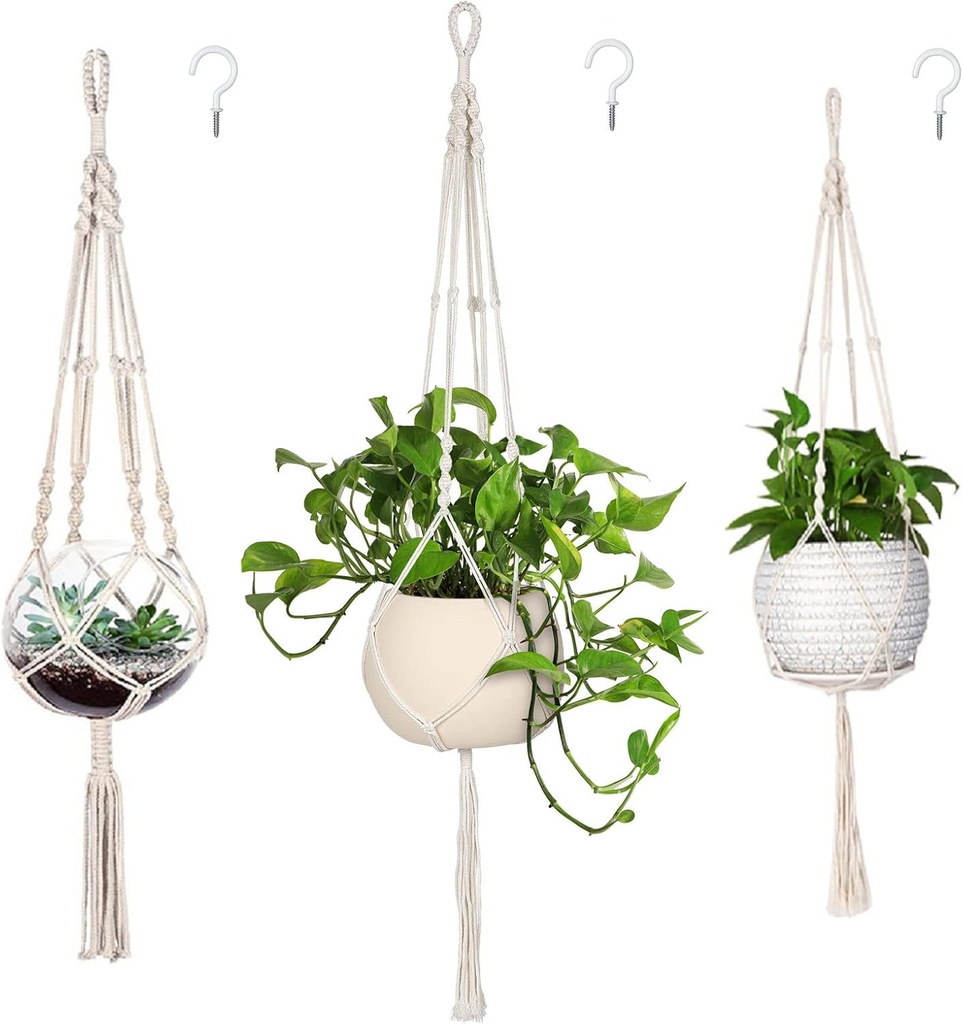 MIPON 3 Pack Macrame Plant Hanger Indoor Hanging Planter for Plants Holder with 3 Hooks,46"/41"/34" Size for Boho Home Decor,Ivory(POTS NOT Included)