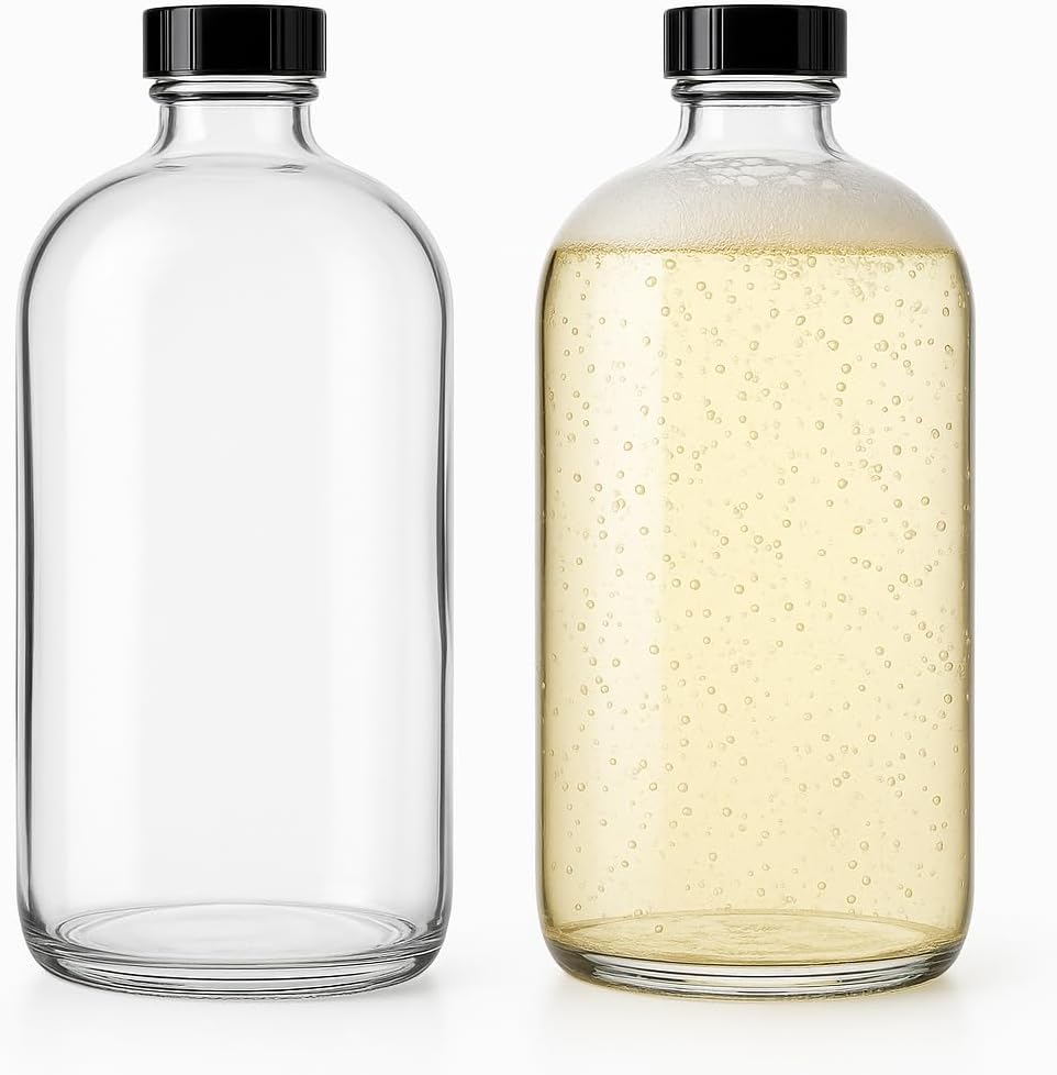 2 Pack - 32oz Boston Round Clear Glass Growler - with Phenolic Poly Cone Insert Caps - Tight Seal for Secondary Kombucha Fermentation