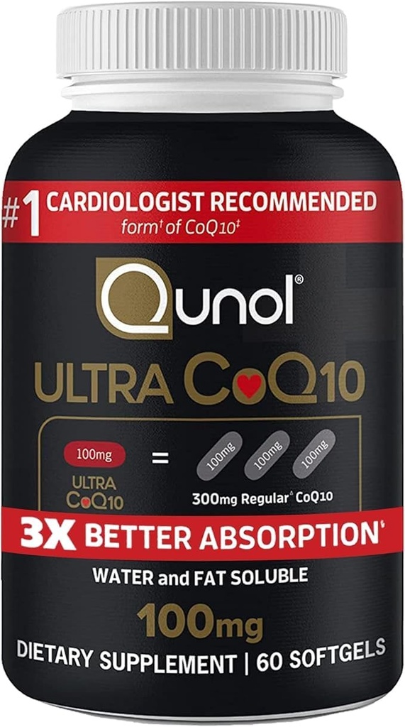 Qunol Ultra CoQ10 100mg 3X Better Absorption Patented Water and Fat Soluble Natural Supplement Form Coenzyme Q10 Antioxidant for Heart Health Packs Softgels, 120 Count