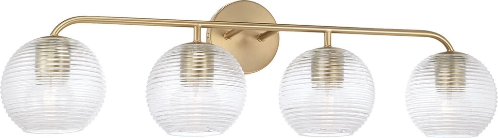 Capital Lighting 149941MA-544 Dolan Transitional Art Deco Clear Ribbed Glass Globe Vanity Lights for Bathroom, 4-Light 400 Total Watts, 10" H x 34" W, Matte Brass