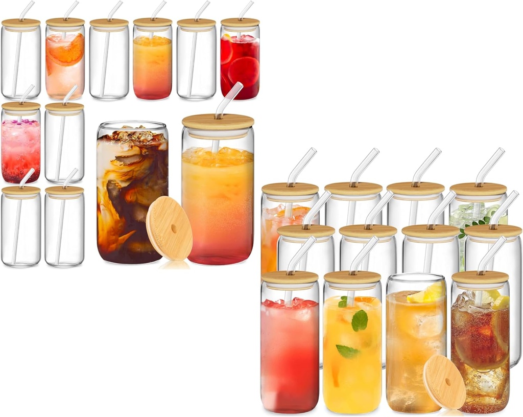 16oz Glass Cups with Bamboo Lids and Glass Straws & 20oz Can Shaped Drinking Glasses Set