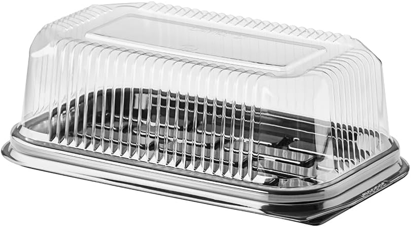 Darnel 8" Rectangular Cake Container. Black 8'' x 4 5/7'' Base and Clear 3 1/7'' High Dome Lid. Pack of 50 Sets. Enhances the Presentation, Storage, and Transport of Cakes/Baked Goods.