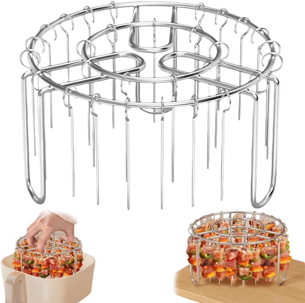 Grill Rack for Air Fryer,Stainless Steel Vertical Barbecue Rack & 24 Skewers,Air Fryer Standing Barbecue Rack,Kebab Rack Barbecue Rack with Round Hanging for Meat skewers,Chicken Legs,Wings,Thighs