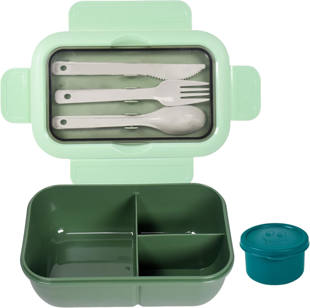 Lunch Box for Adults,1250ML Lunchable Container with 60ML Sauce Jar 3 Compartment Leak Proof Bento Box With Set of Utensil for Office Camping Travel,Green
