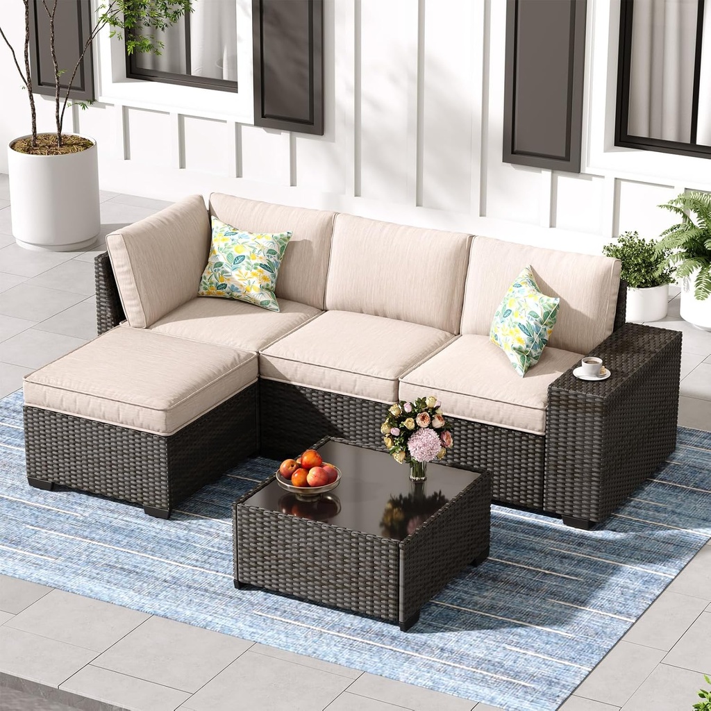 Jing's Villa 5-Piece Patio Furniture Set, All-Weather Outdoor Wicker Sectional Sofa with Cushions, Tempered Glass Table & Ottoman, Rattan Conversation Seating for Porch, Garden, Backyard,Beige