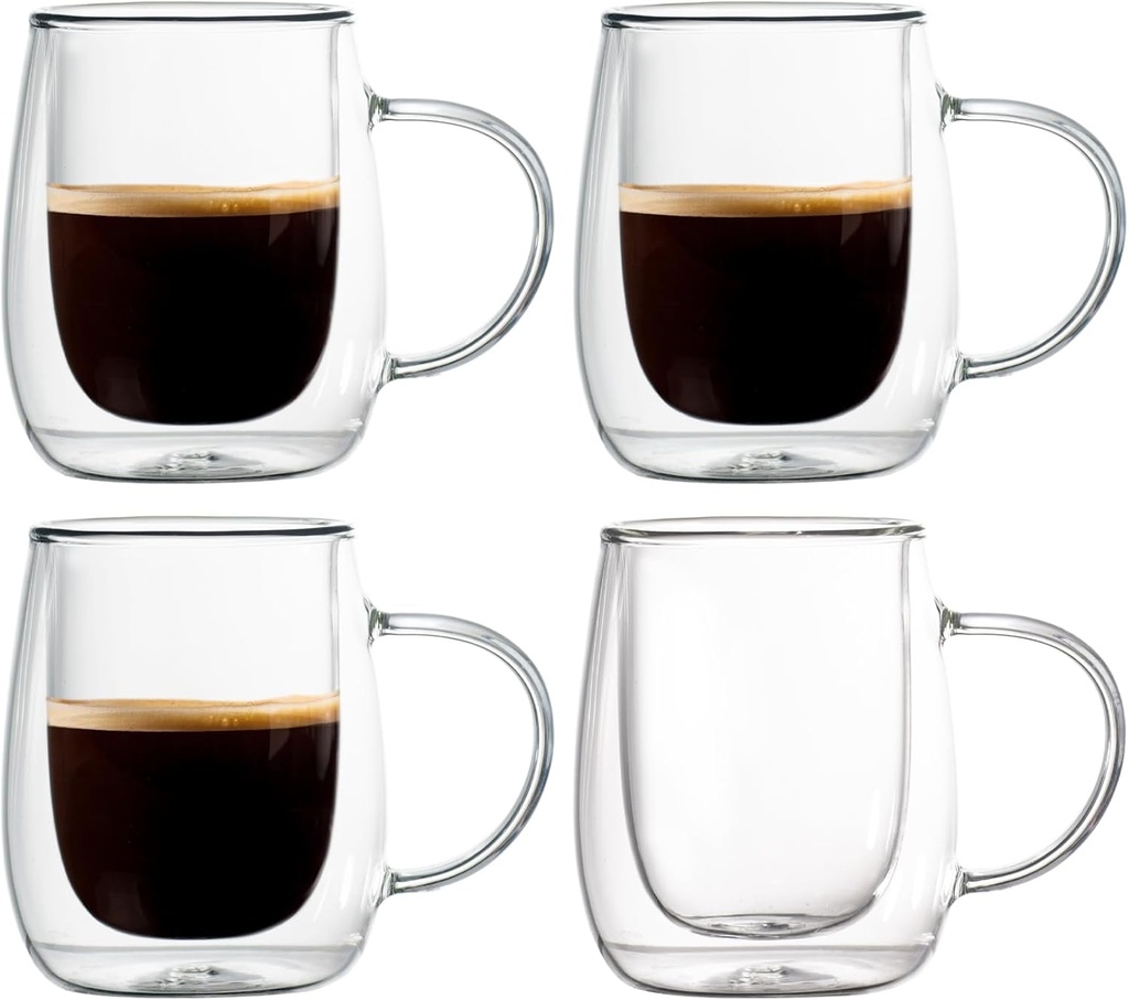 Espresso Cups, 7.4oz/210ml Double Walled Glass Coffee Mugs Set of 4, Clear Hand Blown Insulated Glass Coffee Cups with Handle for Espresso, Cappuccino, Latte, Americano, Coffee Lovers Gift