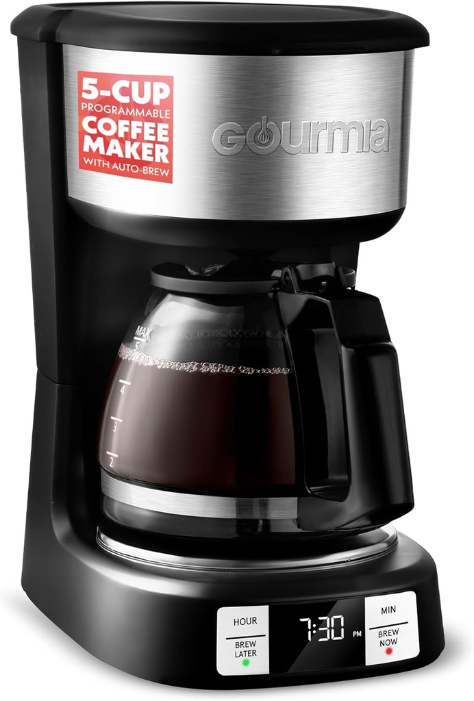 Gourmia Drip Coffee Maker – 5 Cup, One-Touch Brew, Pause & Serve, Adjustable 4 Hr Keep Warm, EZ-View Water Window, Black