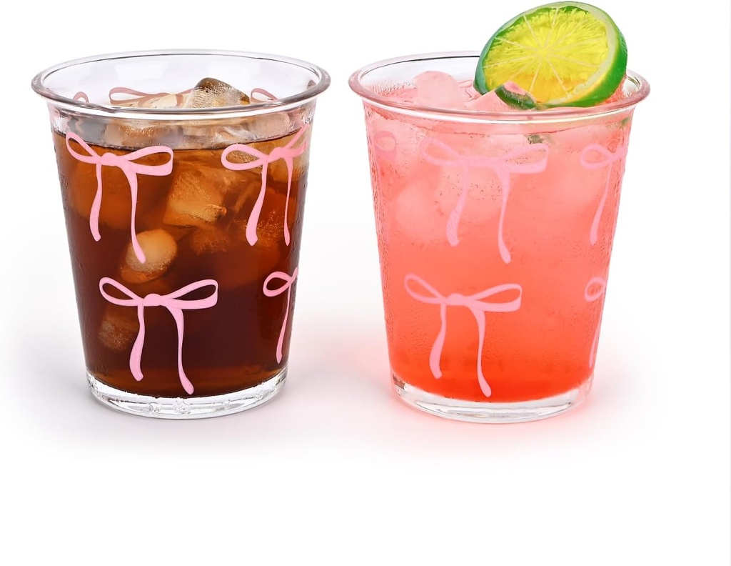 Koythin 2-Piece Glass Cups Set, Drinking Glasses for Juice Water Cocktails Coffee Espresso, Iced Coffee Cup for Afternoon Tea Gathering, Printed Tumbler Drinking Glasses (Pink Bow)