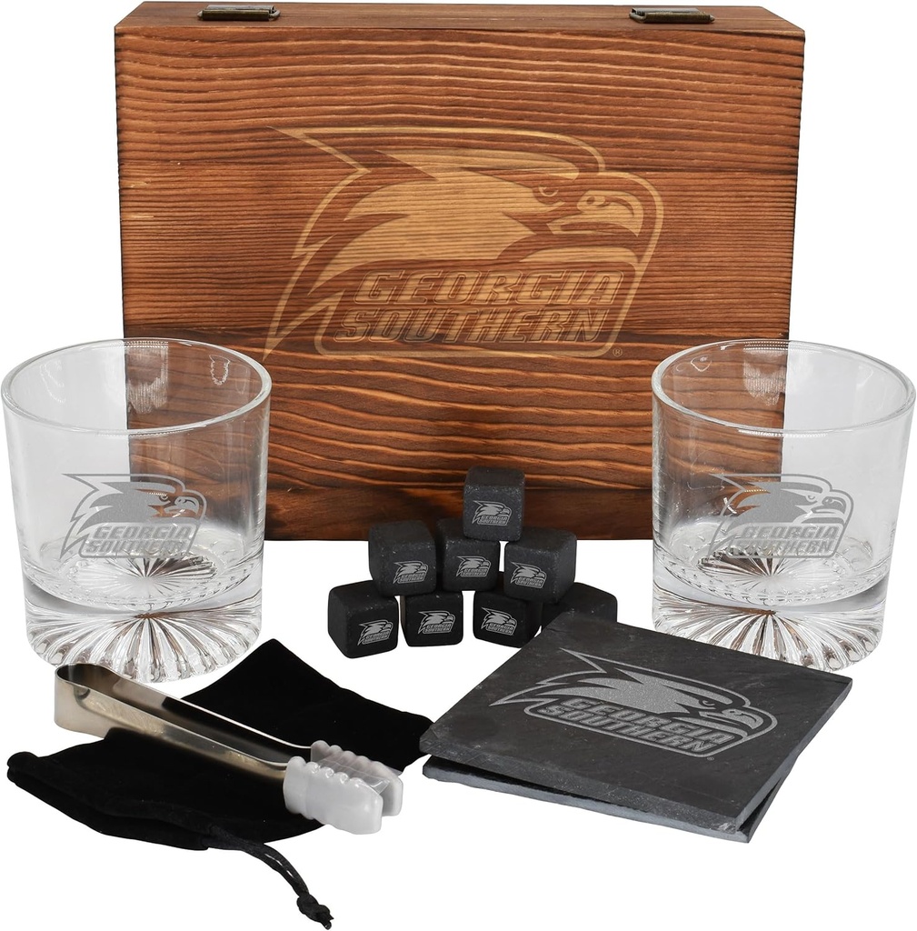 The Memory Company Licensed NCAA Wood Boxed Drinkware Gift Set - Includes 2 Premium Rock Glasses, Cooling Cubes, Tongs, and Coasters, Georgia Southern University