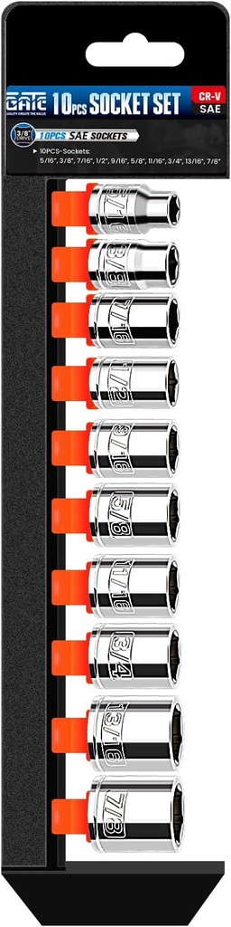 10PCS 3/8” Drive Shallow Socket Set, SAE (5/16"-7/8"), 6-Point, Cr-V Steel, Full Polished Chrome Plated Socket With Hanging Bracket, Cover Most Commonly Sizes