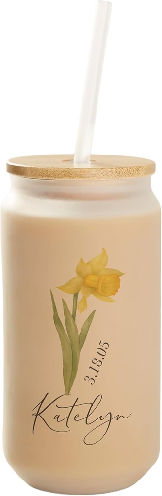 Personalization Universe Birth Month Flower Single Personalized Frosted Iced Coffee Tumbler - Bamboo Lid/Straw, 16 oz Glass Cup - Cute, Reusable, Sustainable for Travel, Matcha, Coffee, Tea