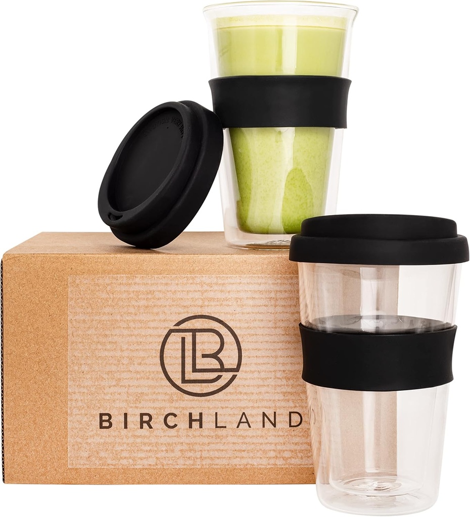 Double Wall Glass Coffee Cup with Lid, Insulated, 12 oz, Set of 2