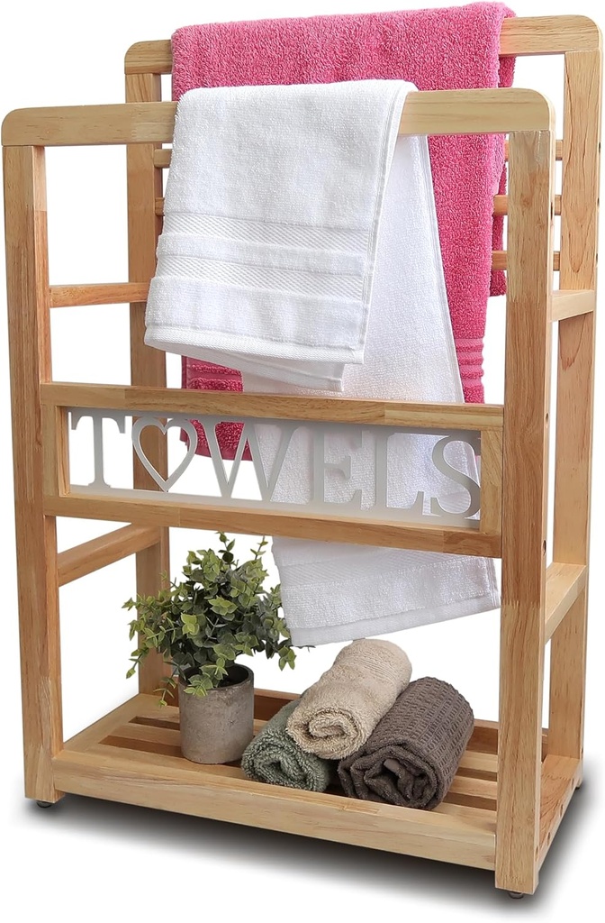 Free Standing Towel Racks for Bathroom - Besuerte 2 Tier Bath Towel Rack, Blanket Rack Stand for Living Room, Bedroom, Towel Drying Rack for Bathroom, 31.5" H Blanket Holder with White Towels Letters