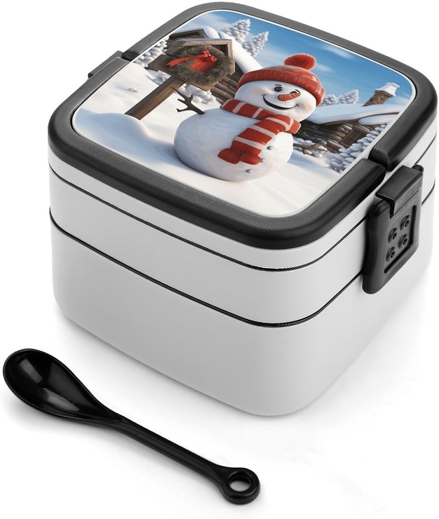 Sign Snowman Bento Box with Spoon, 2-layer Stackable Lunch Box Leak Proof with Invisible Handle, Insulated Food Storage for Office, Picnic & Travel