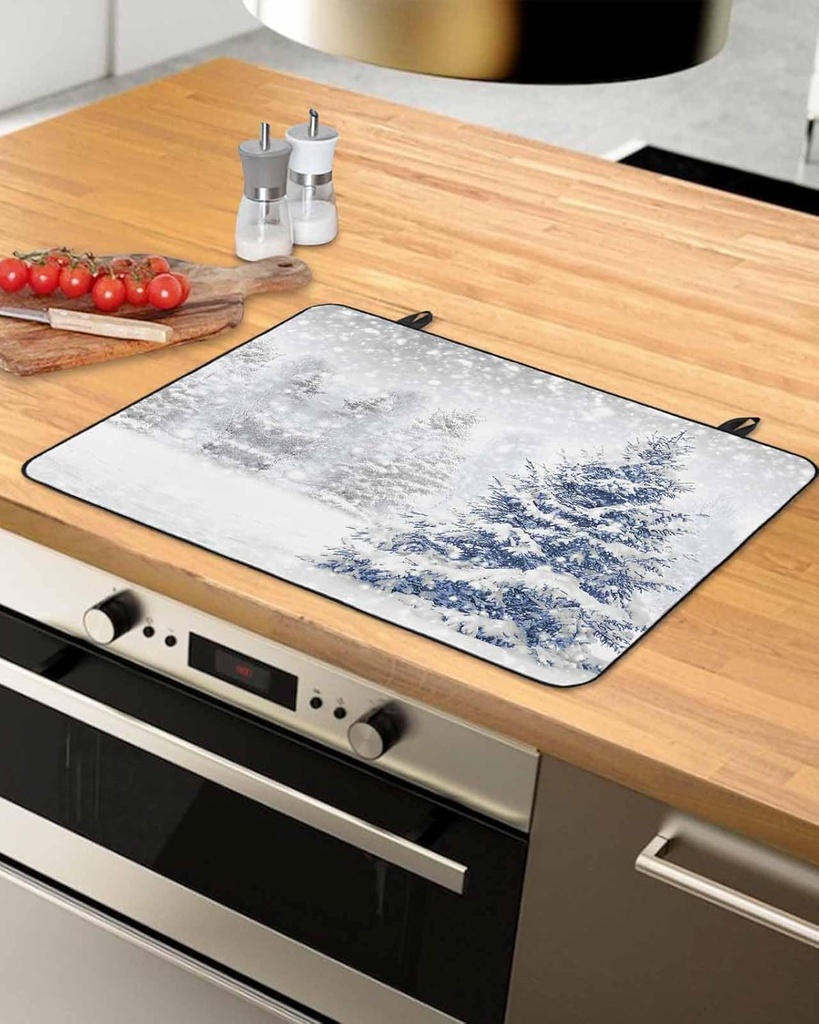 Winter Countertop Burners Protection Mats for Kitchen, Christmas Tree Snowflakes Rubber Stove Top Cover Mat, Heat Proof Mats Cooktop Cover for Counter Dish Drying Mat, 36"x21"