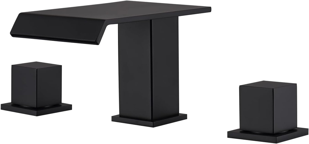 Matte Black Bathroom Faucet Waterfall 8 inch Spread for Sink 3 Hole, Black Widespread Bathroom Sink Faucet 2 Handle Vanity Bath Tub Faucet with Water Supply Hoses
