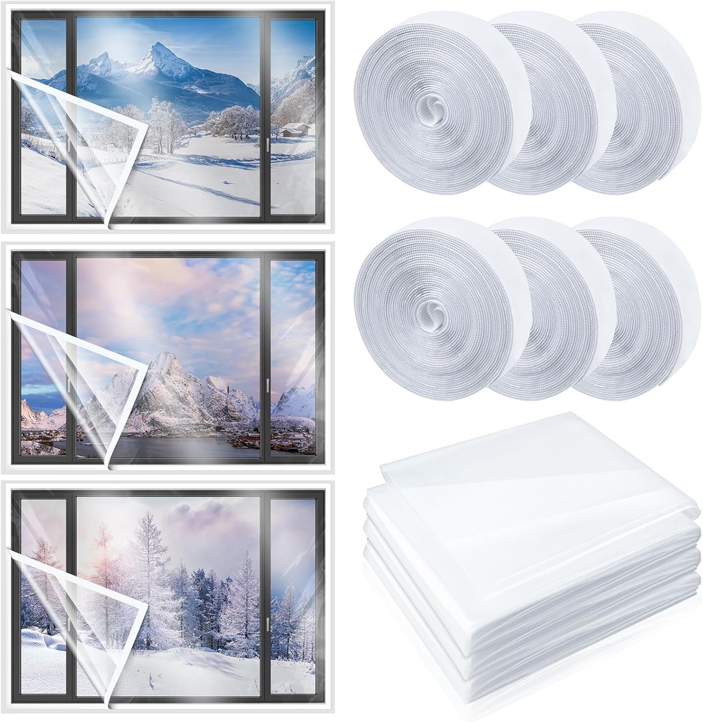 3 Sets 47 x 63 Inch Window Insulation Kit Cuttable Transparent Film with Adhesive Straps Reusable Window Plastic for Patio Winterizing Thicken Warm Winter Waterproof Attic Insulation Cover