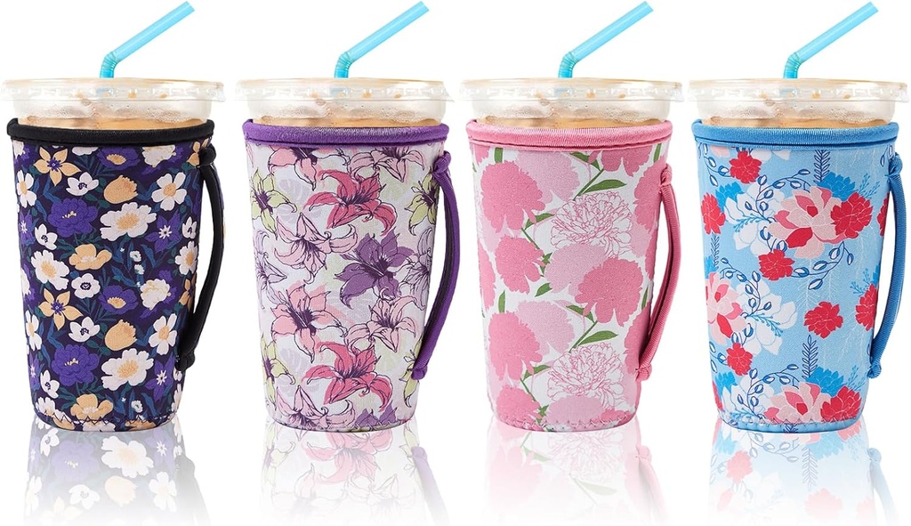 4 Pack Iced Coffee Sleeve,reusable Neoprene Cup Sleeves Suitable For Beverage Sleeve For Hot And Cold Coffee Or Ice Drink Coffee Cup Coffee cup sleeve for Starbucks coffee cup(Cute flowers,22-24 OZ)