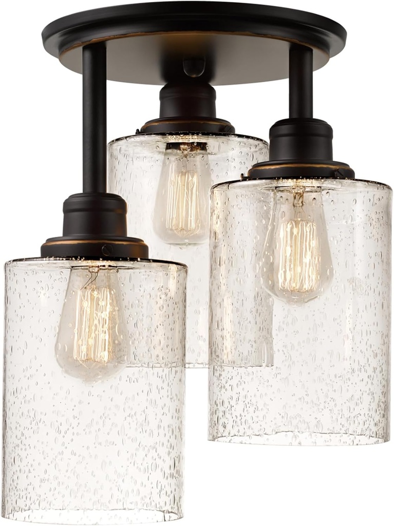GLOBE Electric 65904 3-Light Bronze Semi-Flush Mount Ceiling Light Fixture with Seeded Glass Shades, Ideal for Kitchen, Bathroom, Bedroom, Closet Light, Home Essentials, LED Bulbs Compatible