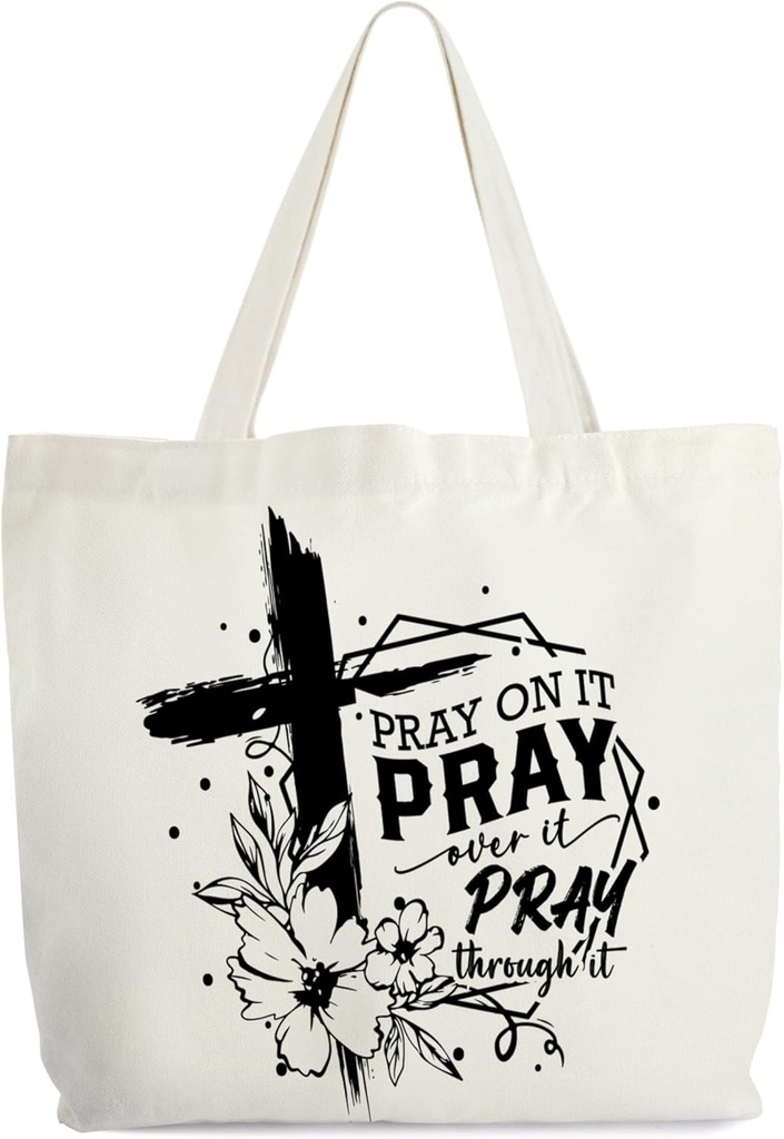 Christian Canvas Tote Bag for Women, Pray On It Pray Over It Pray Through It Faith Tote, Bible Verse Religious Gift Bag, Floral Library Book Bag, Shoulder Bag Gifts for Women Friends Colleagues -27