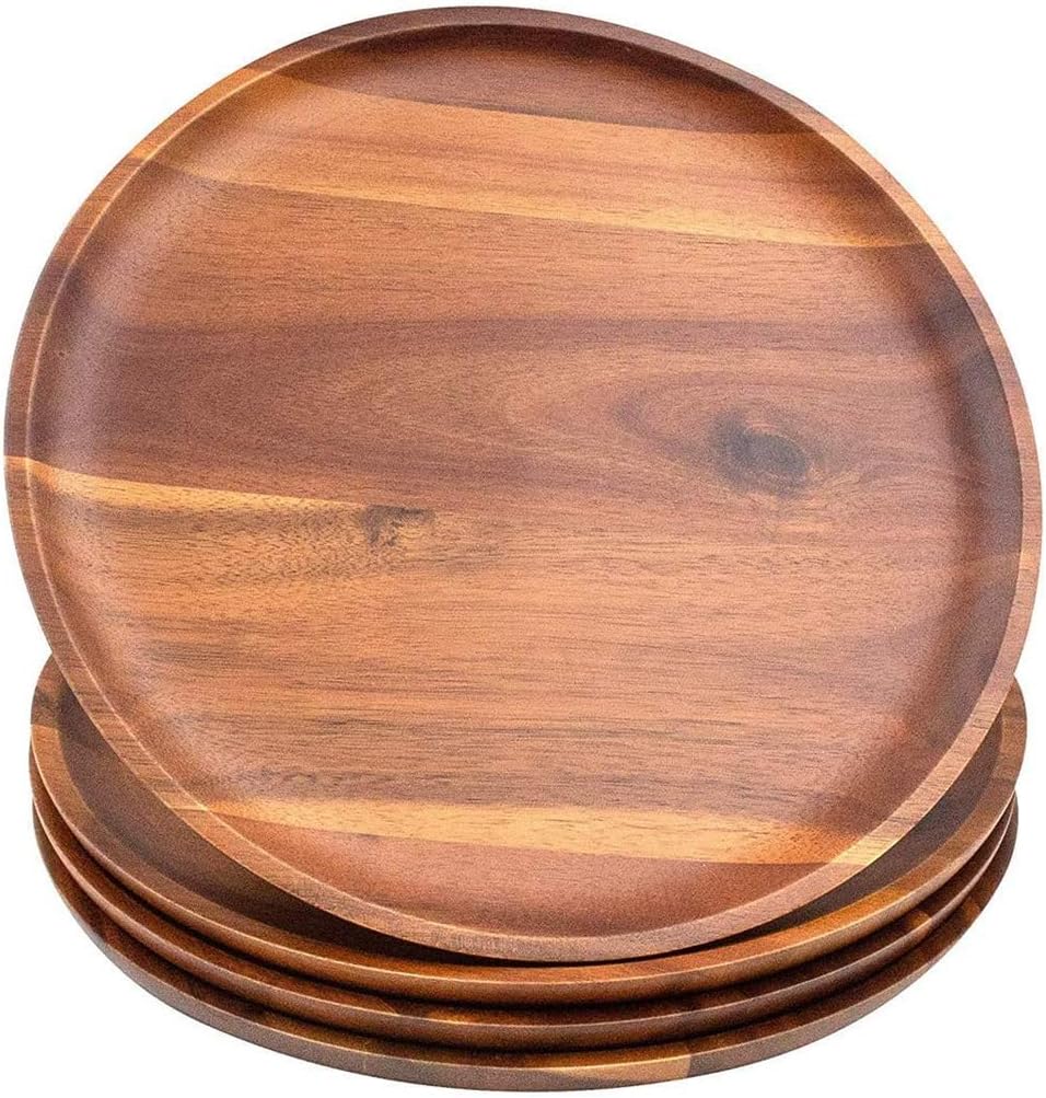 AIDEA Acacia Wood Dinner Plates, 11Inch Round Wood Plates Set of 4, Easy Cleaning & Lightweight for Dishes Snack, Dessert, Unbreakable Classic Plate