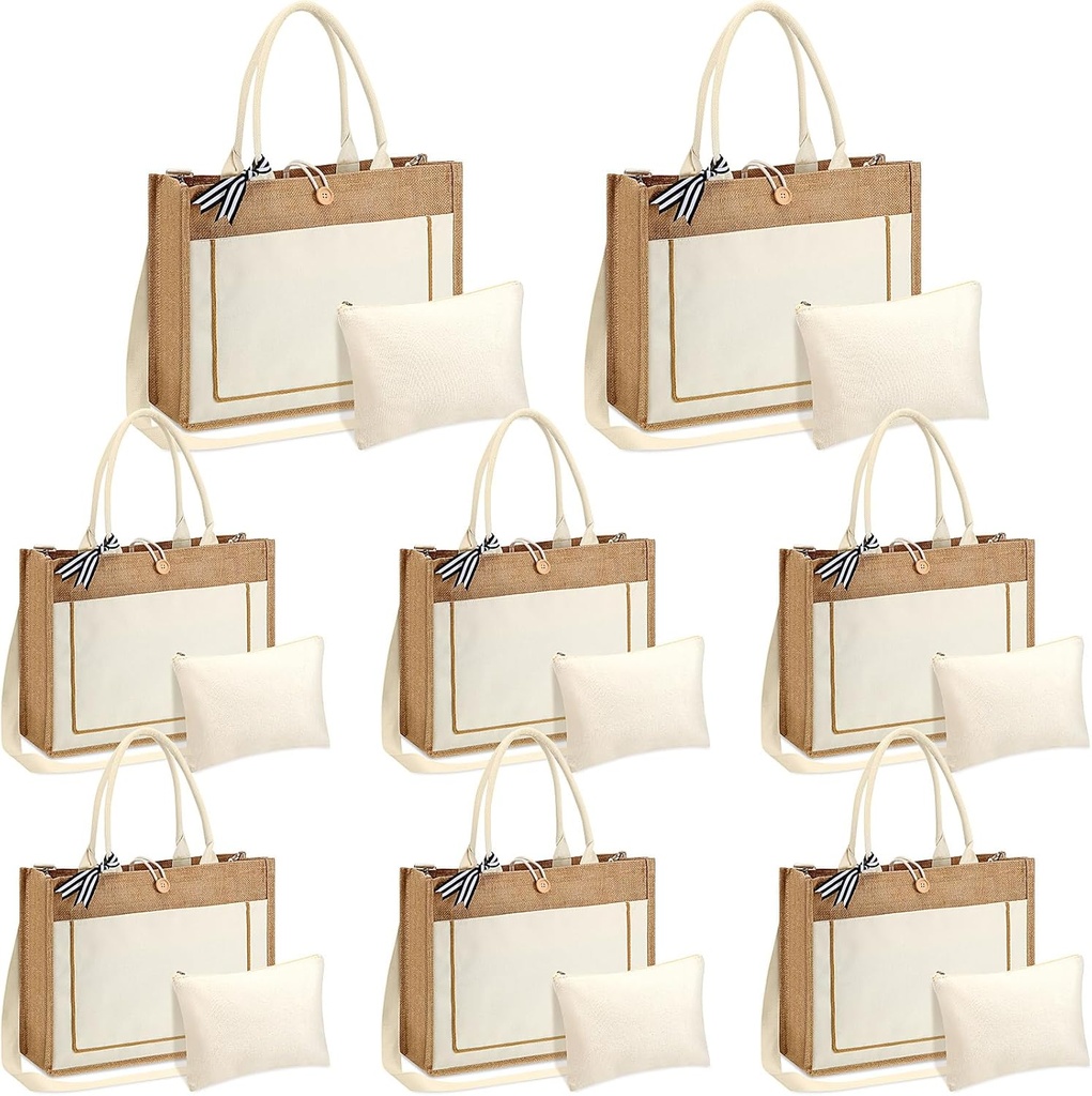 Sadnyy 16 Pcs Burlap Tote Bags with Handle Bulk Gift Bag and Canvas Makeup Bags 17 x 13.2 x 6.3 inches Reusable Tote Grocery Shopping Jute Bag for DIY Women Wedding Beach Bag Bridesmaid