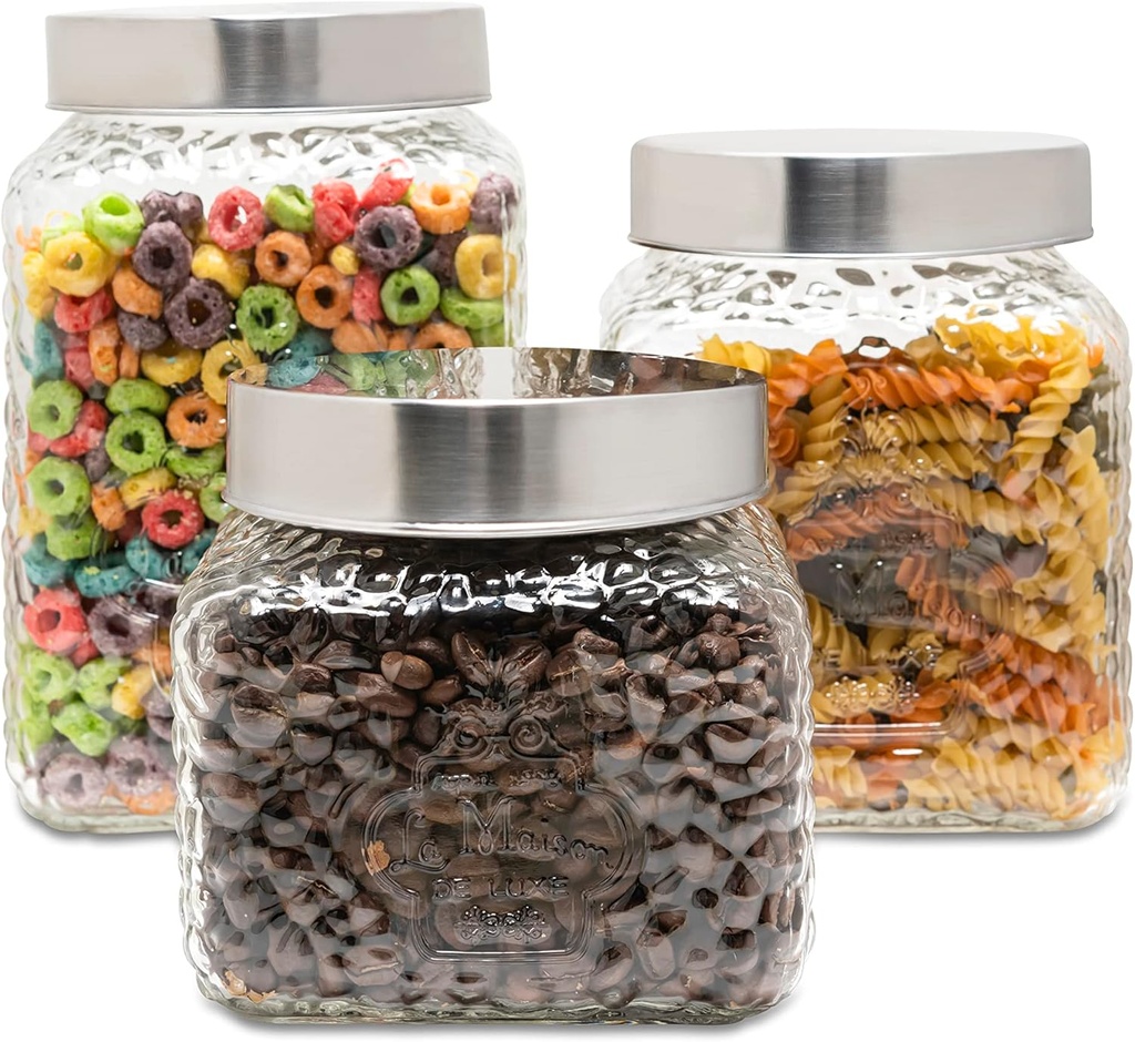 American Atelier Hammered La Maison Canister Set 3-Piece Glass Jars in 43oz, 64oz & 75oz Chic Design w/Airtight Stainless Steel Lids for Cookies, Candy, Coffee, Flour, Sugar, Rice, Pasta, Cereal