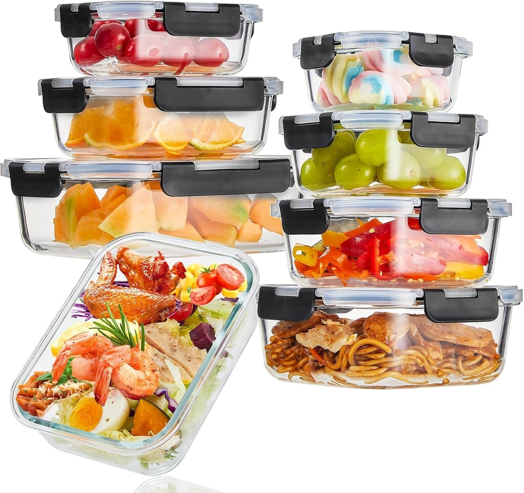8 Pack Glass Meal Prep Containers with Lids, Extra Thick Airtight Food Storage Set (310ml-1510ml/10.5oz–51oz), Leakproof Lunch Boxes for Leftovers