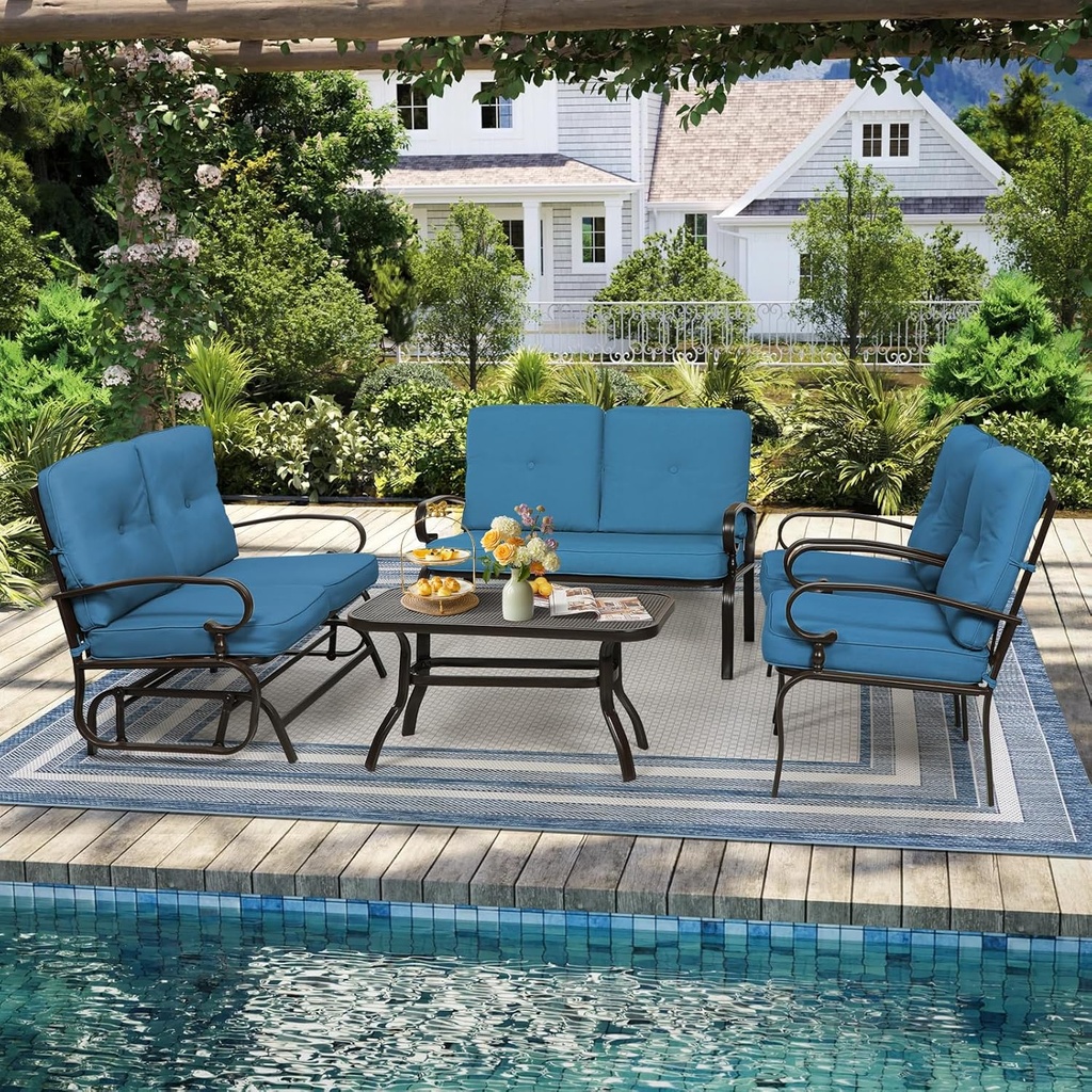 Oakcloud 5-Piece Outdoor Metal Furniture Sets Patio Conversation Set Wrought Iron Glider, 2 Single Chairs, Loveseat and Coffee Table, Peacock Blue