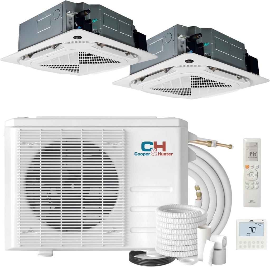 Cooper & Hunter Dual 2 Zone 18000 18000 Ductless Mini Split Ceiling Cassette Air Conditioner Heat Pump Multi Zone System including 25ft Installation Kits