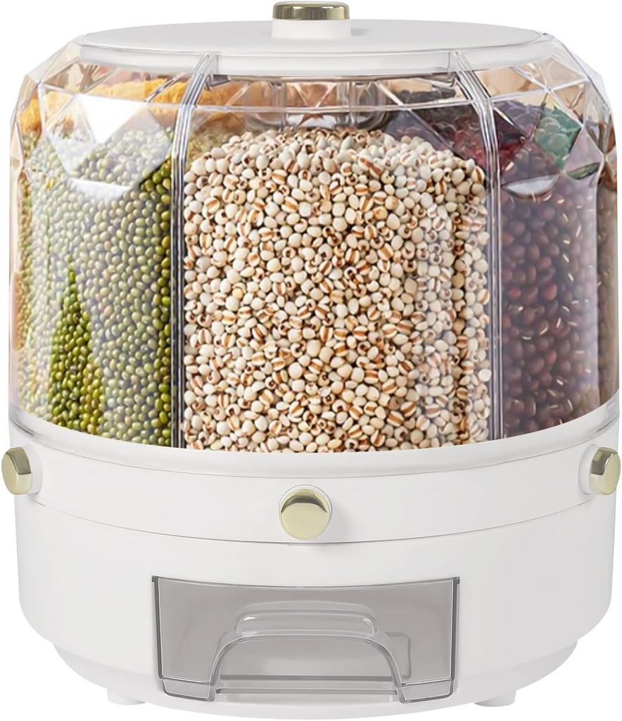 360° Rotating Rice Dispenser,13.2 Lbs Rice Containers Storage, Dry Food Dispenser with 6 Compartments Holder, Multifunctional Sorting Grocery Bin for Kitchen Storage of Small Grains, Beans, Rice,White