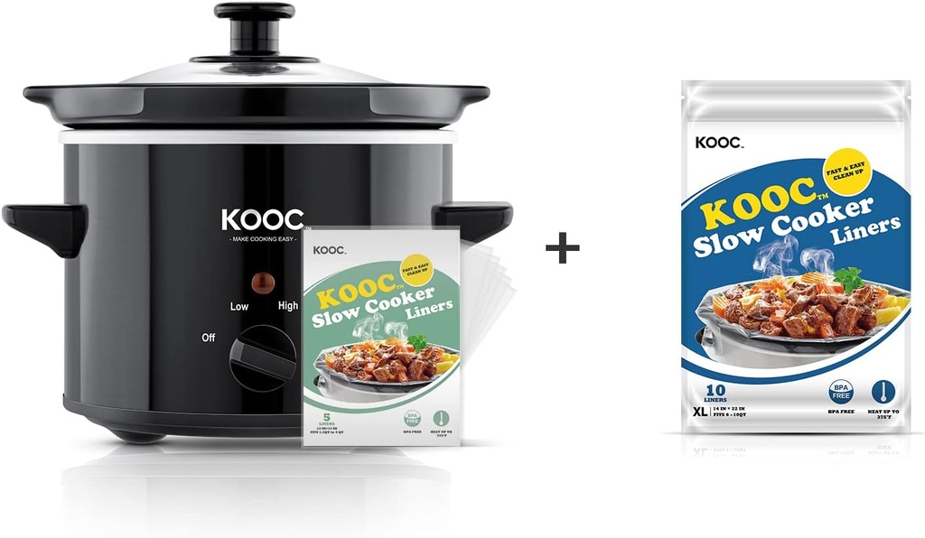 [Bundle Group] KOOC Slow Cooker 2-Quart (with 5 Bonus Free Liners) + Additional 1 Pack of 10 Liners for Easy Clean-up