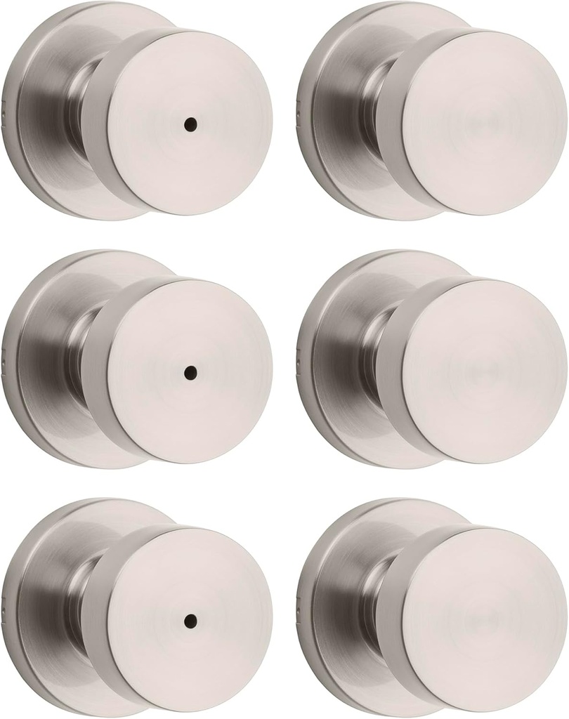 Kwikset Pismo Door Knob Set, 6 Pack with 3 Non-Locking Passage and 3 Locking Keyless Privacy Handles, with Round Rose, Featuring Microban Protection in Satin Nickel