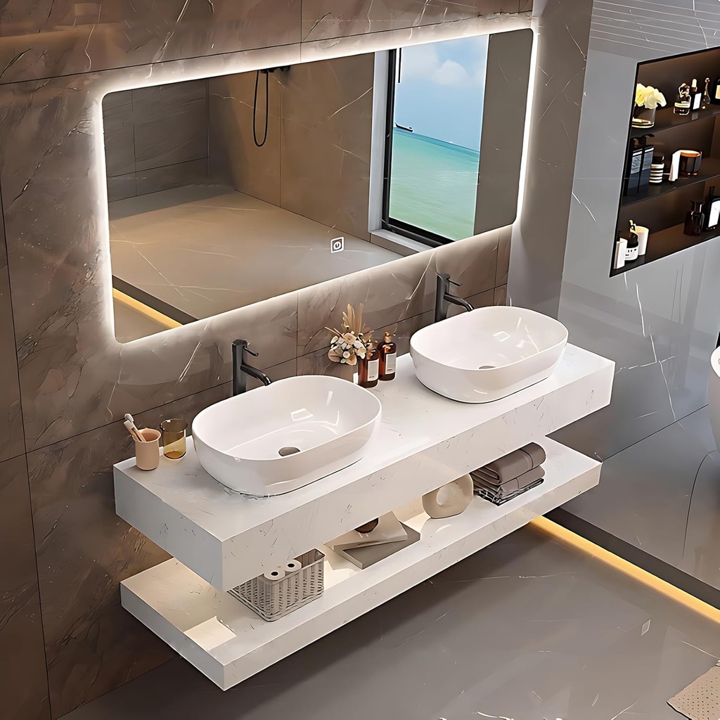 68IN Bathroom Vanity - Marble Double Sink Bathroom Vanity, Smart Light & Open - Style Storage | 2 Black Faucet, Floating Storage Cabinet, Double - Layer Design, White