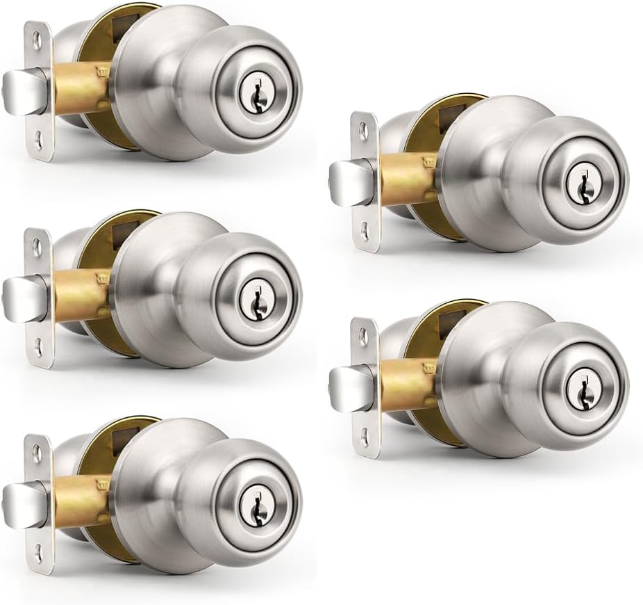 Probrico Keyed Entry Door Knob with Lock, Front Door Knob with Same Key, Interior/Exterior Door Lock, Standard Ball and Satin Nickel 5 Pack