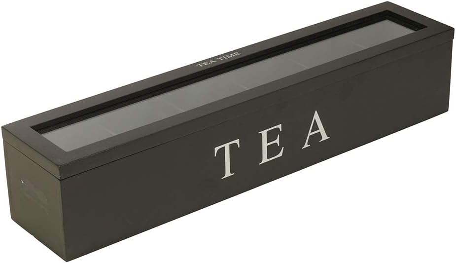 Tea Box Storage Organizer, Tea Bag Holder with Clear Acrylic Window Wooden Finish Tea Storage Organizer for Coffee Tea Sugar Sweeteners Creamers Drink Pods Packets (Black)