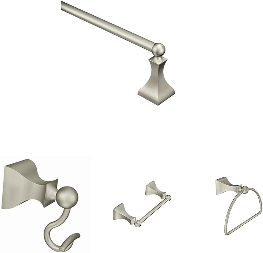 Moen Retreat Bathroom Accessories Bundle - Includes 24-Inch Single-Towel Bar DN8324BN, Robe Hook N8303BN, Pivoting Toilet Paper Holder DN8308BN, and Bathroom Hand Towel Ring DN8386BN, Brushed Nickel