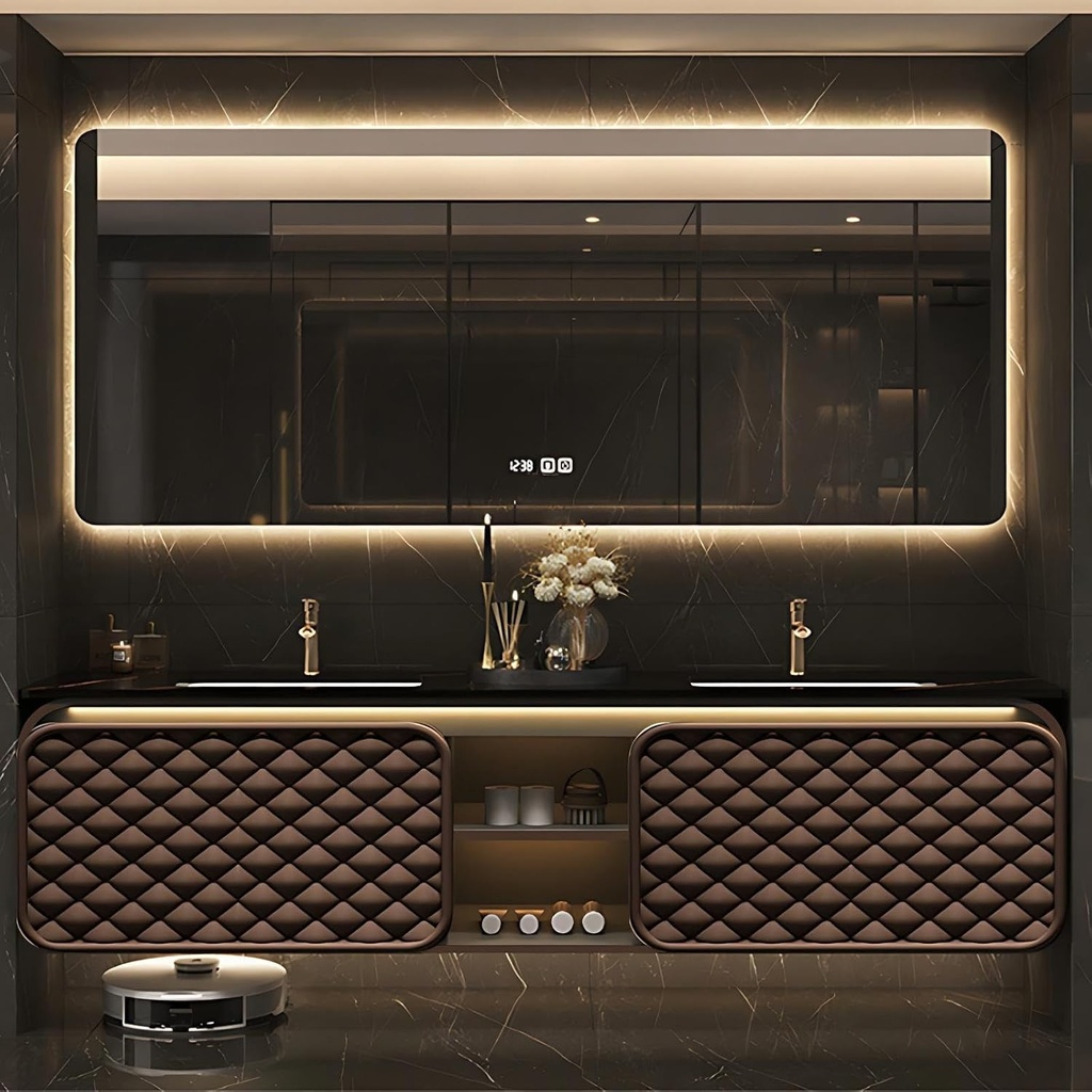 Bathroom Vanity with Sink - Stylish Floating Bathroom Vanity with Smart LED Defog Mirror, Modern Sink Cabinet with Multifunctional Storage, Complete Accessories (80IN,Brown)