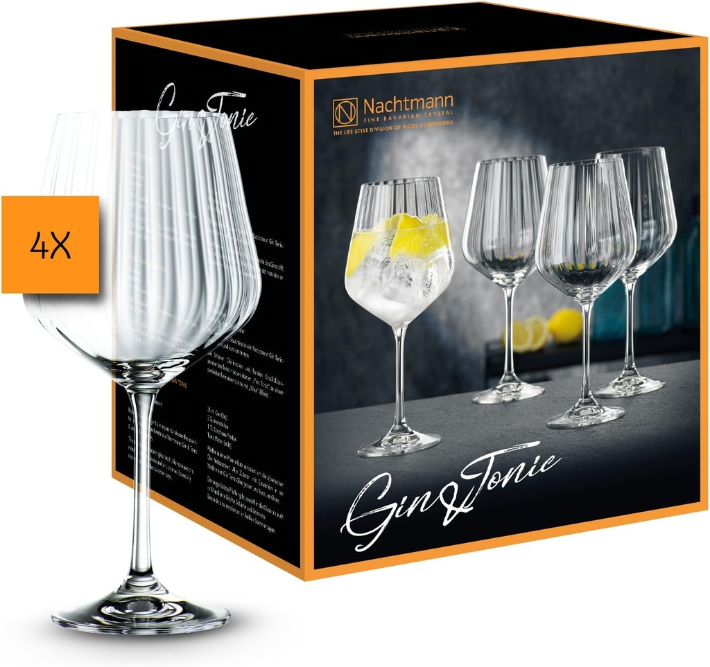 Nachtmann Celebration Gin & Tonic Glasses – Set of 4 Lead-Free 22.5 oz Large Crystal Goblets with Vertical Contour Detailing, Refined Stemware for Cocktails, Entertaining, Parties, Home Bars