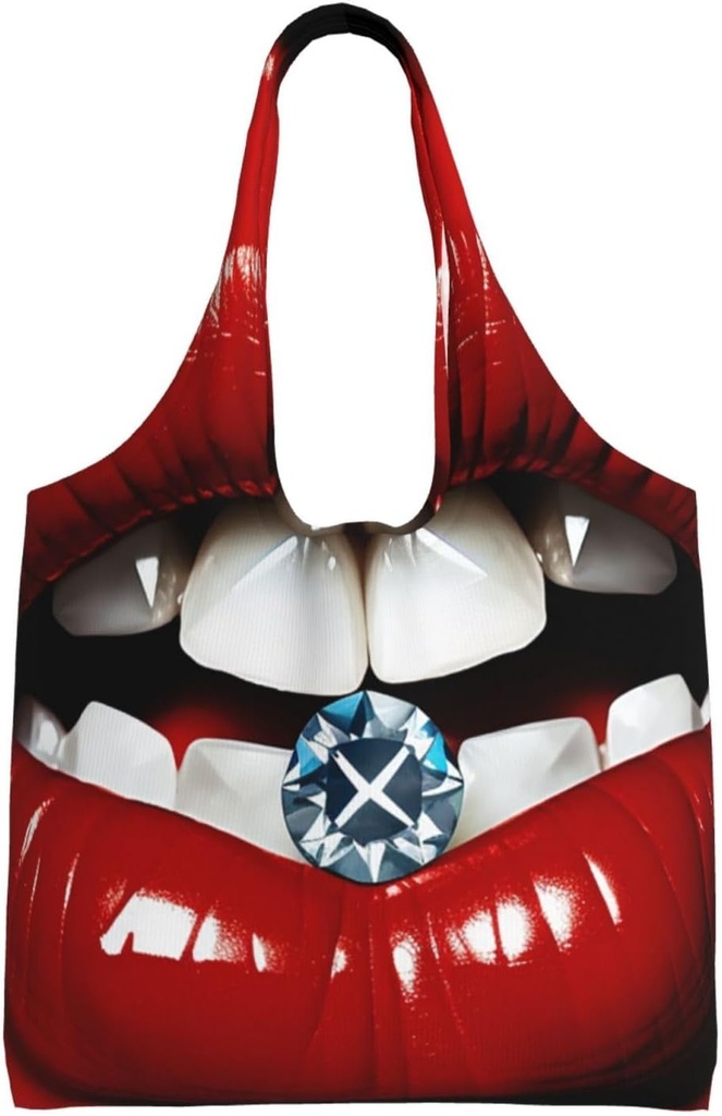 Red Lips with Diamond Canvas Tote Bag Reusable Grocery Bags Shopping Bags Large Canvas Bags with Handles