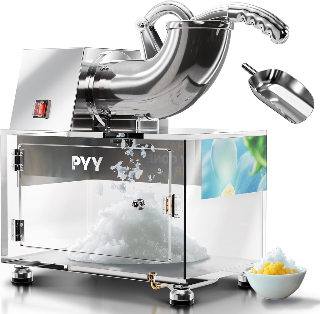 PYY Snow Cone Machine - Commercial Ice Crusher Shaver, Electric Crushed Shaved Snowcone Maker, 440LBS/H 1400RPM All-Copper Motor, Stainless Steel Full Body, Dual Blades, Acrylic Box and Drain Pipe