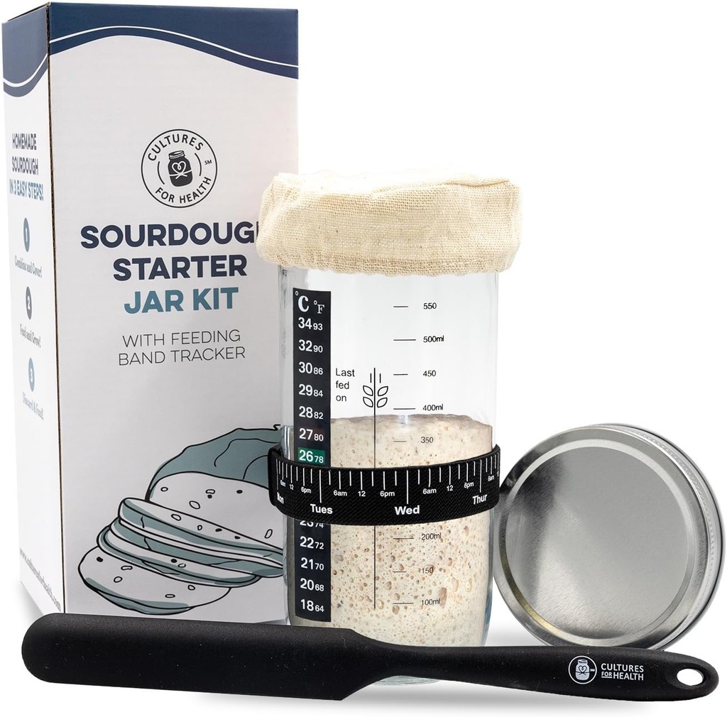 Cultures For Health Sourdough Starter Jar Kit | Easy DIY Breadmaking Kit for Sourdough Bread | Essential Baking Supplies for Homemade Bread | Glass Jar With Spatula Baking Set | Fermentation Set