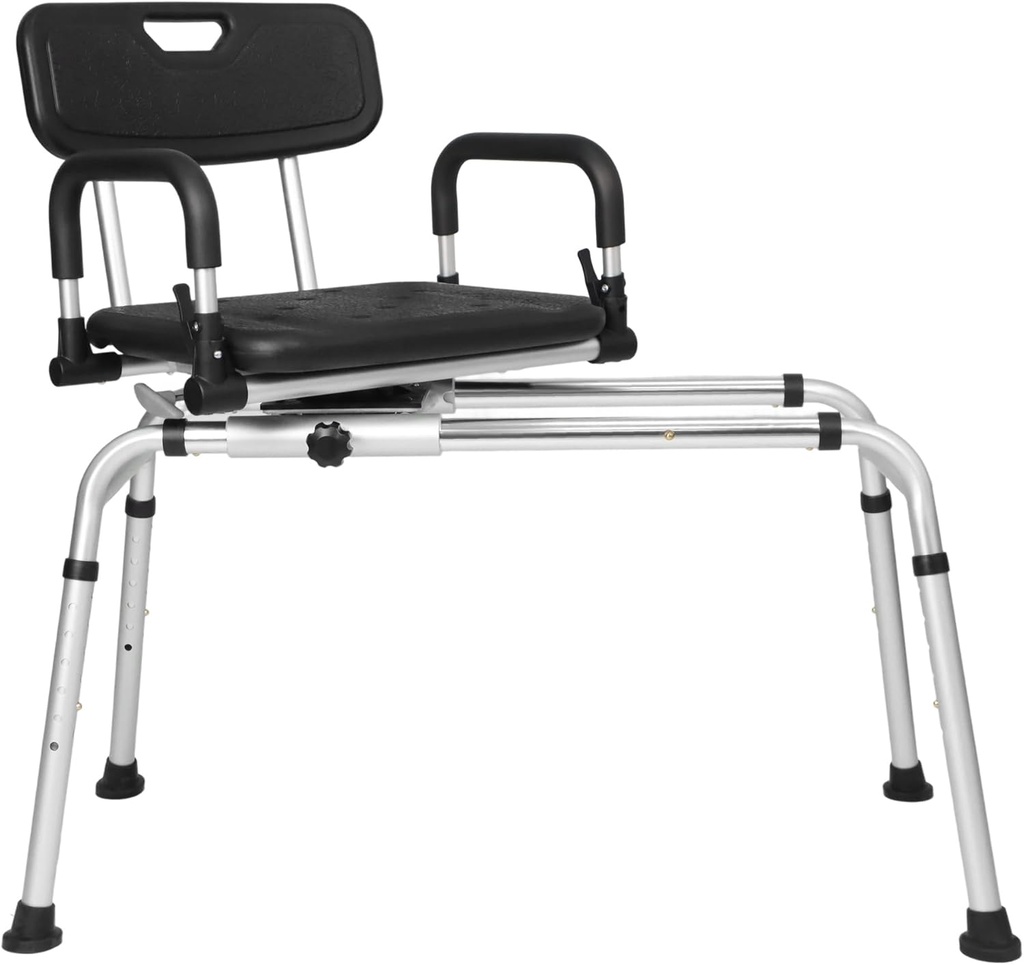 Sliding Shower Chair Tub Transfer Bench with 360° Swivel Seat, Height Adjustable, Pivoting Arms, 400 Lbs Capacity, for Elderly Disabled and Handicap, Ideal for Bathtubs and Showers (Black, L)