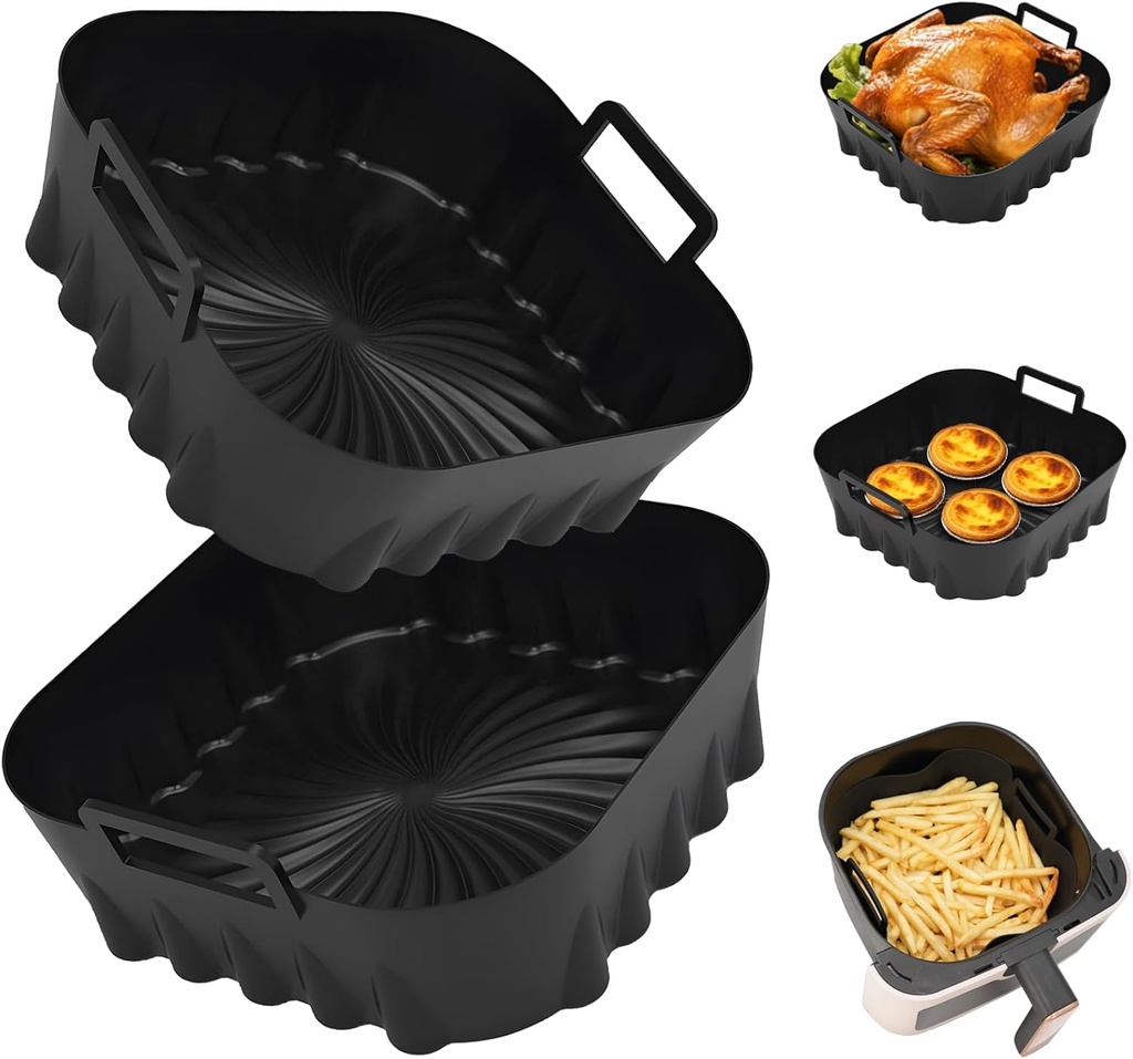 2 Pack Silicone Air Fryer Liners,7.8 Inch Reusable Air Fryer Basket for 4-7 QT Air Fryers,with Handles,Non-Stick,Food Grade Silicone Tray,Replacement for Parchment Paper – Oven Microwave Safe