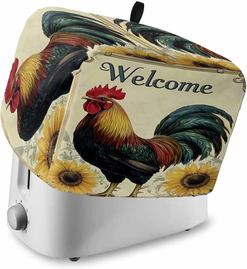 Retro Rooster Toaster Cover 4 Slice, Kitchen Appliance Covers with Pocket & Loop, Watercolor Sunflower Pastoral Animals Polyester Bread Machine Covers Dust & Fingerprint Protection