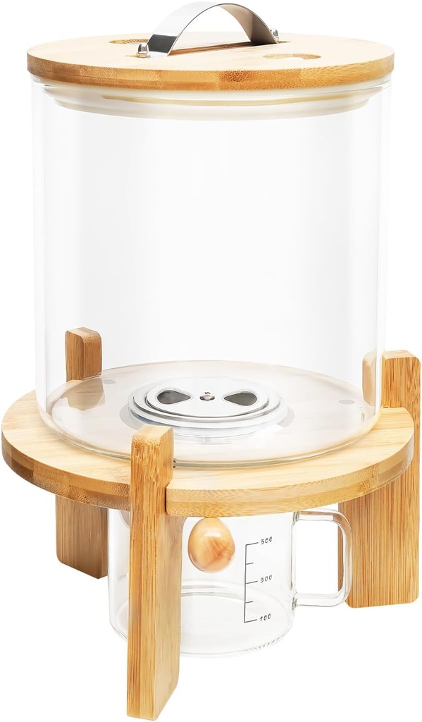 LOYALHEARTDY Flour and Cereal Container Rice Dispenser, Creative Glass Food Storge Container for Kitchen Organization and Pantry Store Airtight Lid and Wooden Stand (5L)